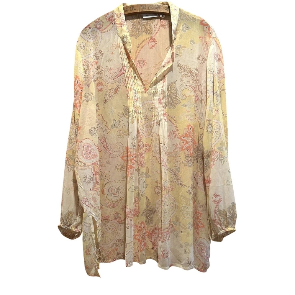 Susan Graver Blouse Size 2X Pale Yellow Print Tunic‎ Sheer Artsy Resort Beachy